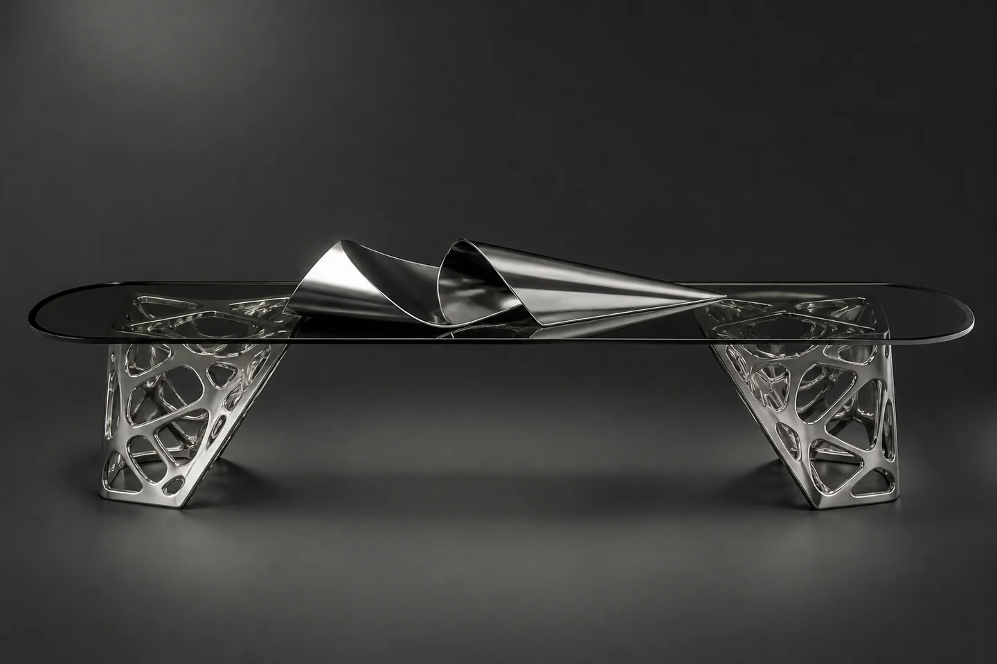 Glass bench on lattice supports with a folded chrome sculpture.